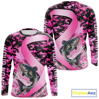 Front and back view of pink ribbon camouflage catfish fishing breast cancer custom sun protection long sleeve fishing shirt