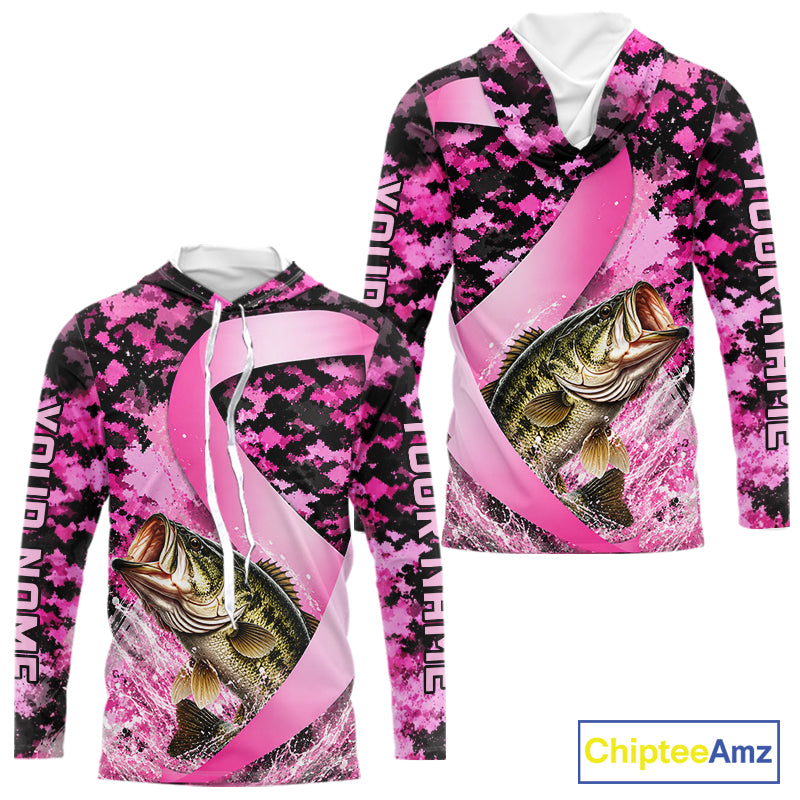 Front and back view of pink ribbon camouflage bass fishing breast cancer custom sun protection long sleeve fishing shirt