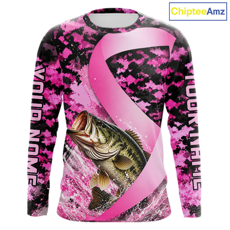 Front view of pink ribbon camouflage bass fishing breast cancer custom sun protection long sleeve fishing shirt