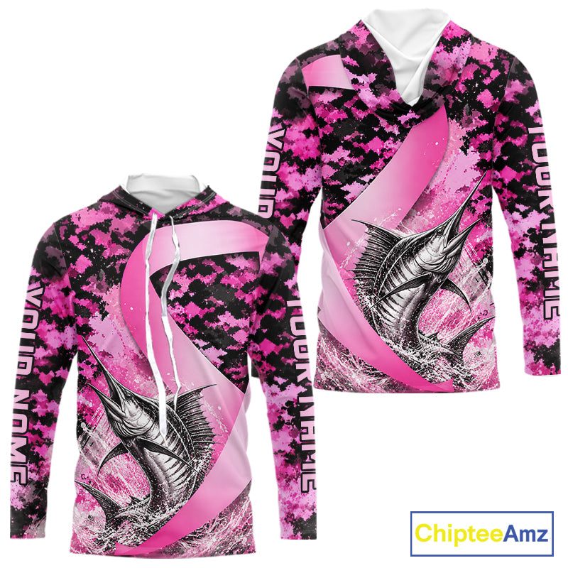 Front and back view of pink ribbon camouflage marlin fishing breast cancer custom sun protection long sleeve fishing shirt