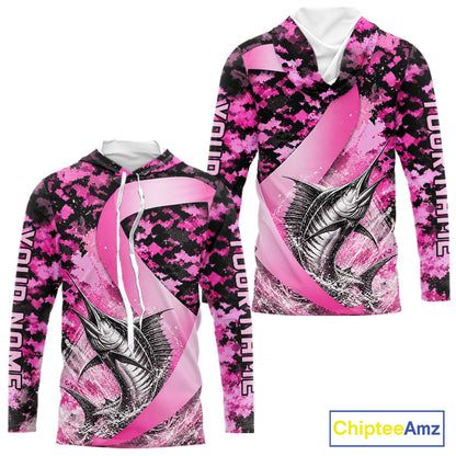 Front and back view of pink ribbon camouflage marlin fishing breast cancer custom sun protection long sleeve fishing shirt