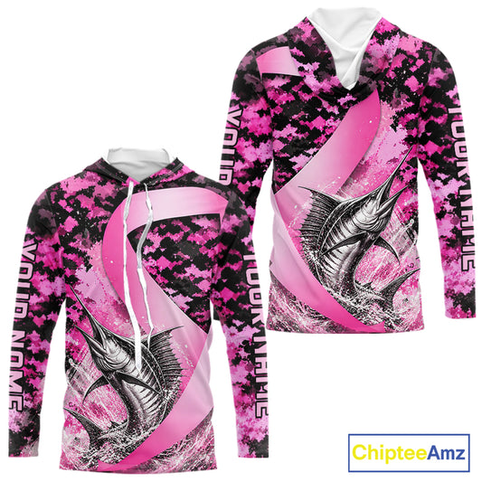 Front and back view of pink ribbon camouflage marlin fishing breast cancer custom sun protection long sleeve fishing shirt