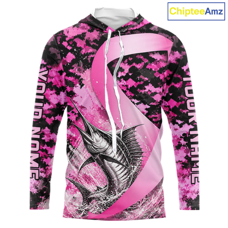 Front view of pink ribbon camouflage marlin fishing breast cancer custom sun protection long sleeve fishing shirt