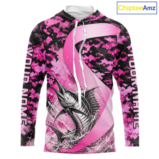 Front view of pink ribbon camouflage marlin fishing breast cancer custom sun protection long sleeve fishing shirt