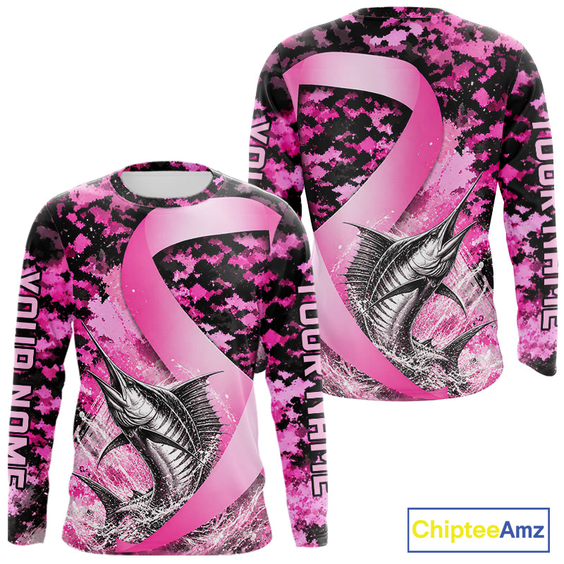 Front and back view of pink ribbon camouflage marlin fishing breast cancer custom sun protection long sleeve fishing shirt