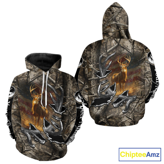 American Flag Camo Deer Hunting Shirts with Antler for Men, Hunting Gift Ideas for Hunters NBT46