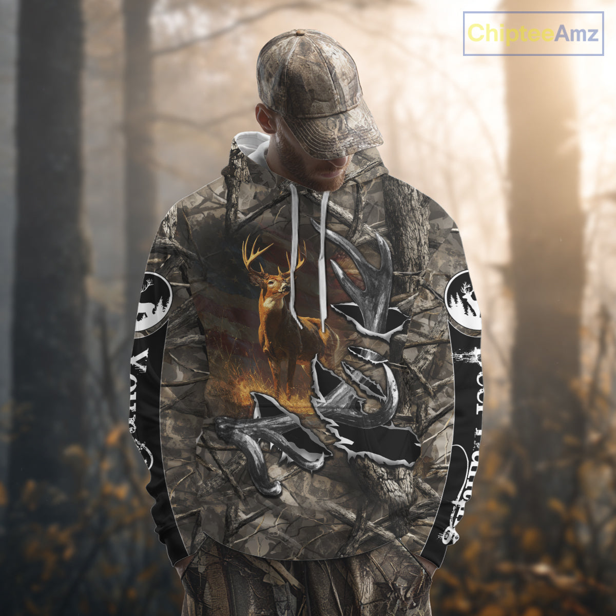 American Flag Camo Deer Hunting Shirts with Antler for Men, Hunting Gift Ideas for Hunters NBT46