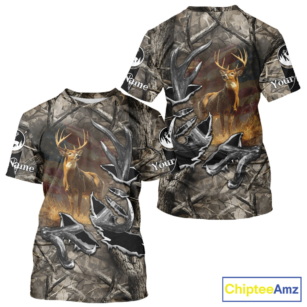 American Flag Camo Deer Hunting Shirts with Antler for Men, Hunting Gift Ideas for Hunters NBT46