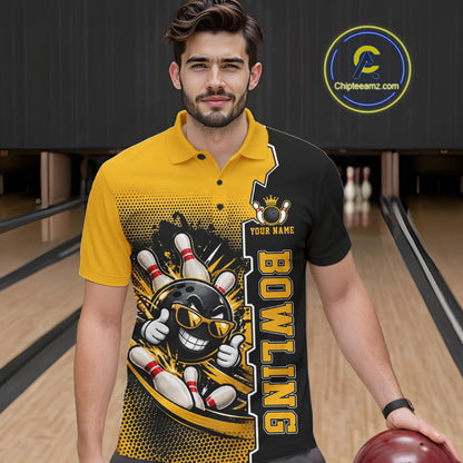 Custom Funny Yellow Bowling Men Polo Quarter Zip Shirt Cartoon Bowling Ball And Pins, Bowler Outfit NBT1202