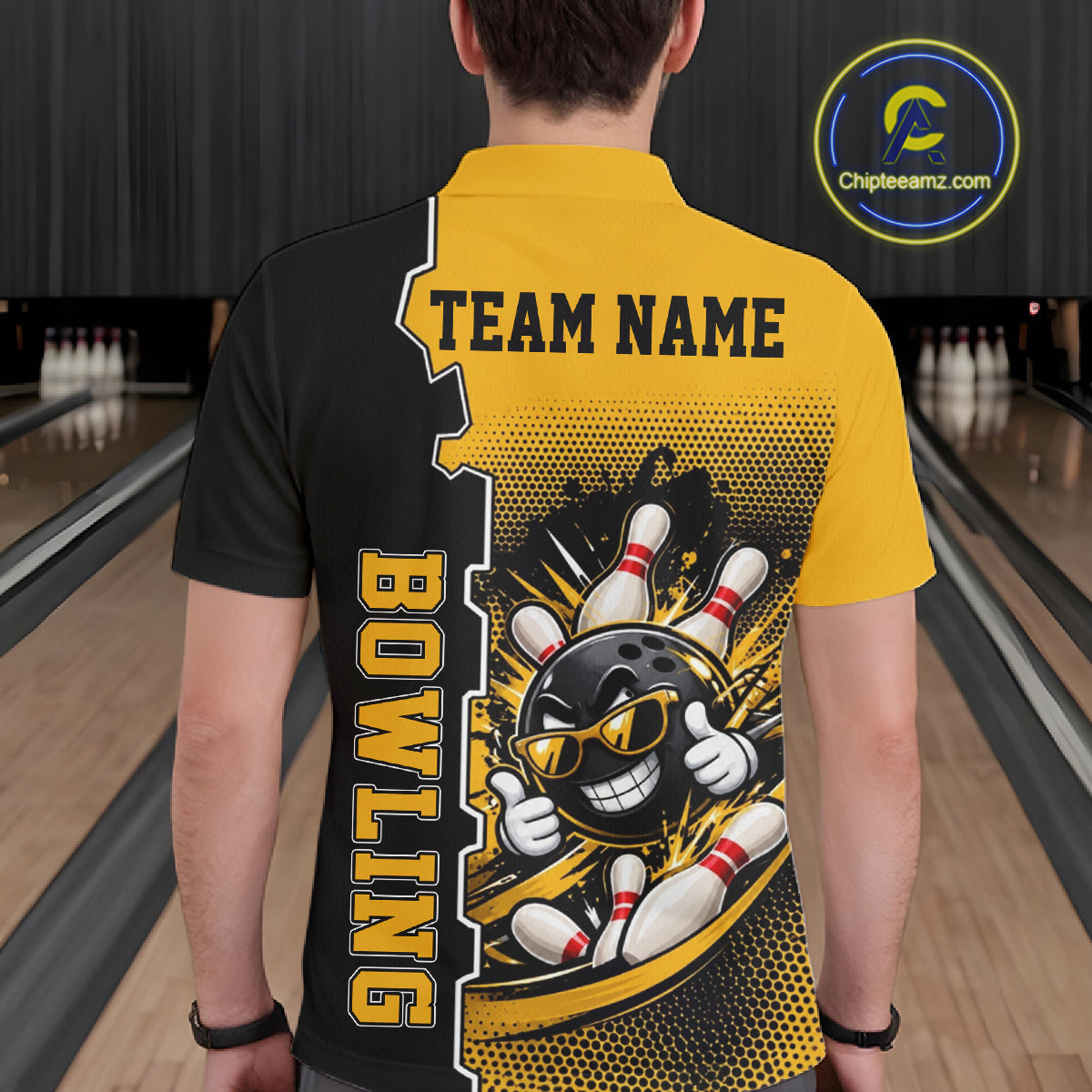 Custom Funny Yellow Bowling Men Polo Quarter Zip Shirt Cartoon Bowling Ball And Pins, Bowler Outfit NBT1202