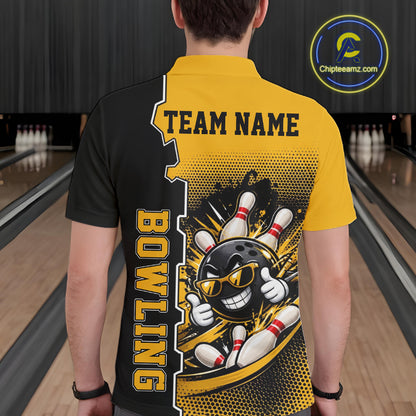 Custom Funny Yellow Bowling Men Polo Quarter Zip Shirt Cartoon Bowling Ball And Pins, Bowler Outfit NBT1202