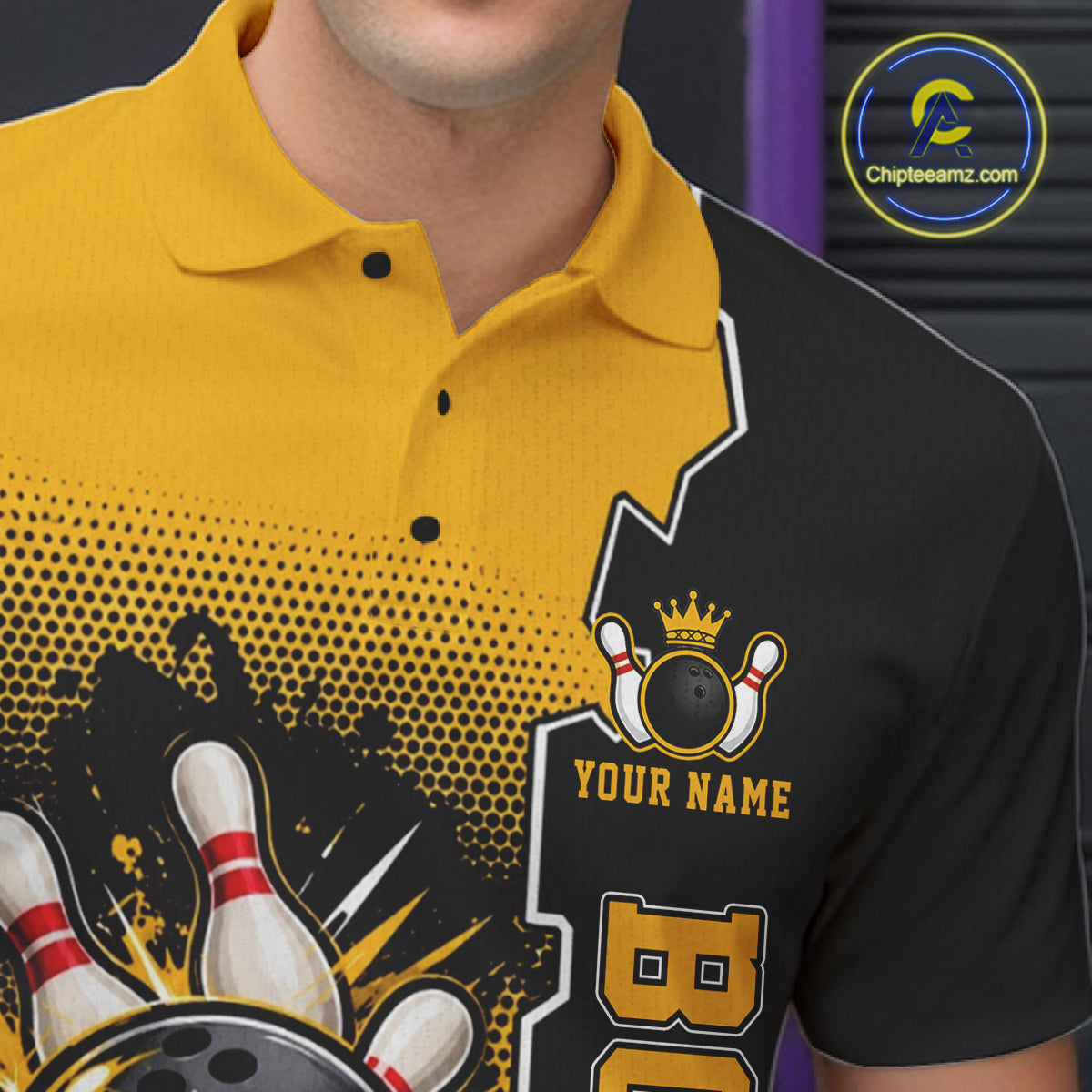 Custom Funny Yellow Bowling Men Polo Quarter Zip Shirt Cartoon Bowling Ball And Pins, Bowler Outfit NBT1202
