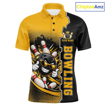 Custom Funny Yellow Bowling Men Polo Quarter Zip Shirt Cartoon Bowling Ball And Pins, Bowler Outfit NBT1202