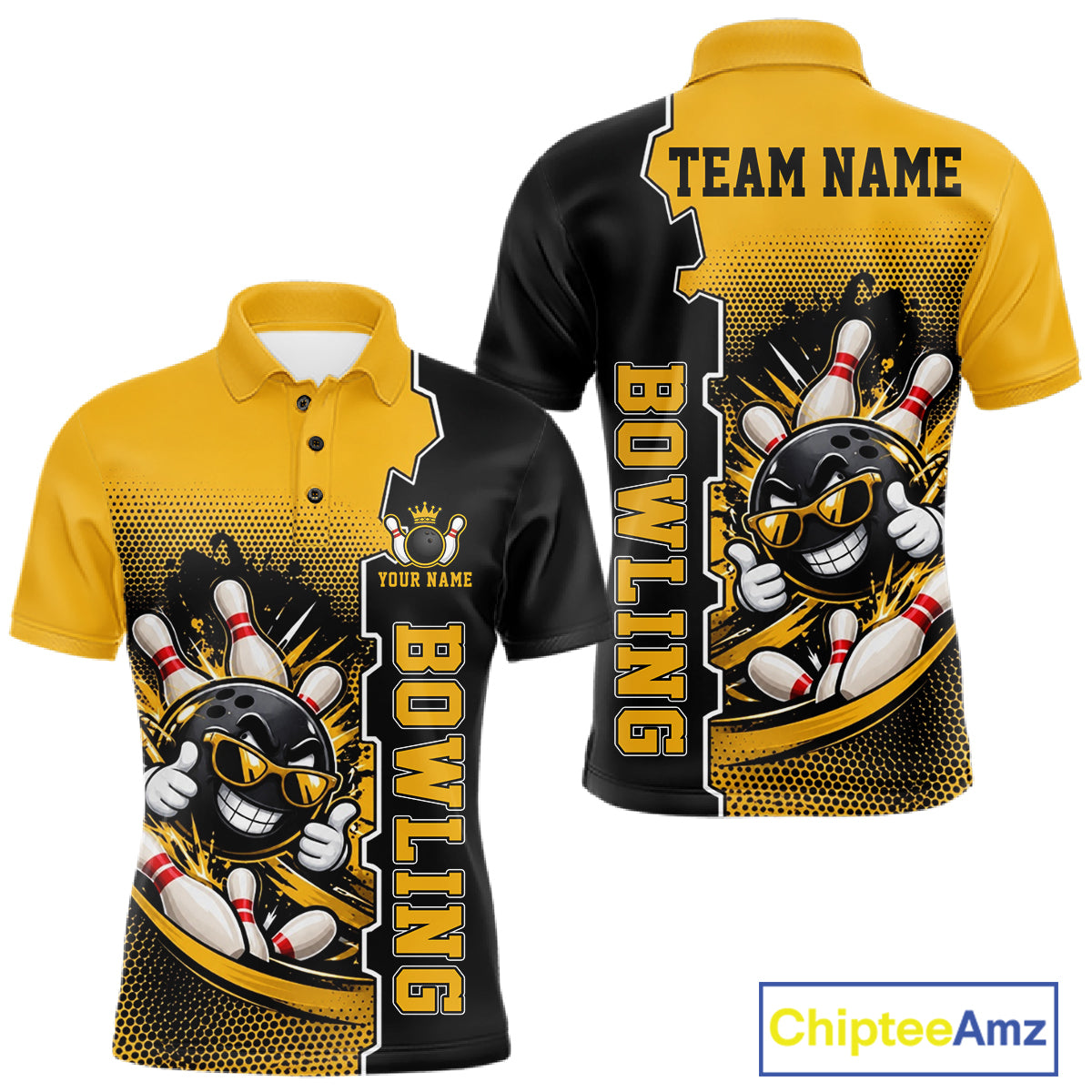 Custom Funny Yellow Bowling Men Polo Quarter Zip Shirt Cartoon Bowling Ball And Pins, Bowler Outfit NBT1202
