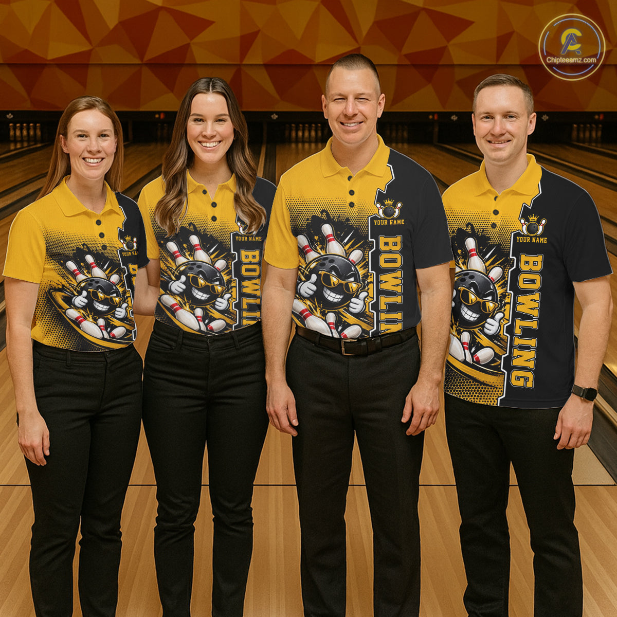 Custom Funny Yellow Bowling Men Polo Quarter Zip Shirt Cartoon Bowling Ball And Pins, Bowler Outfit NBT1202
