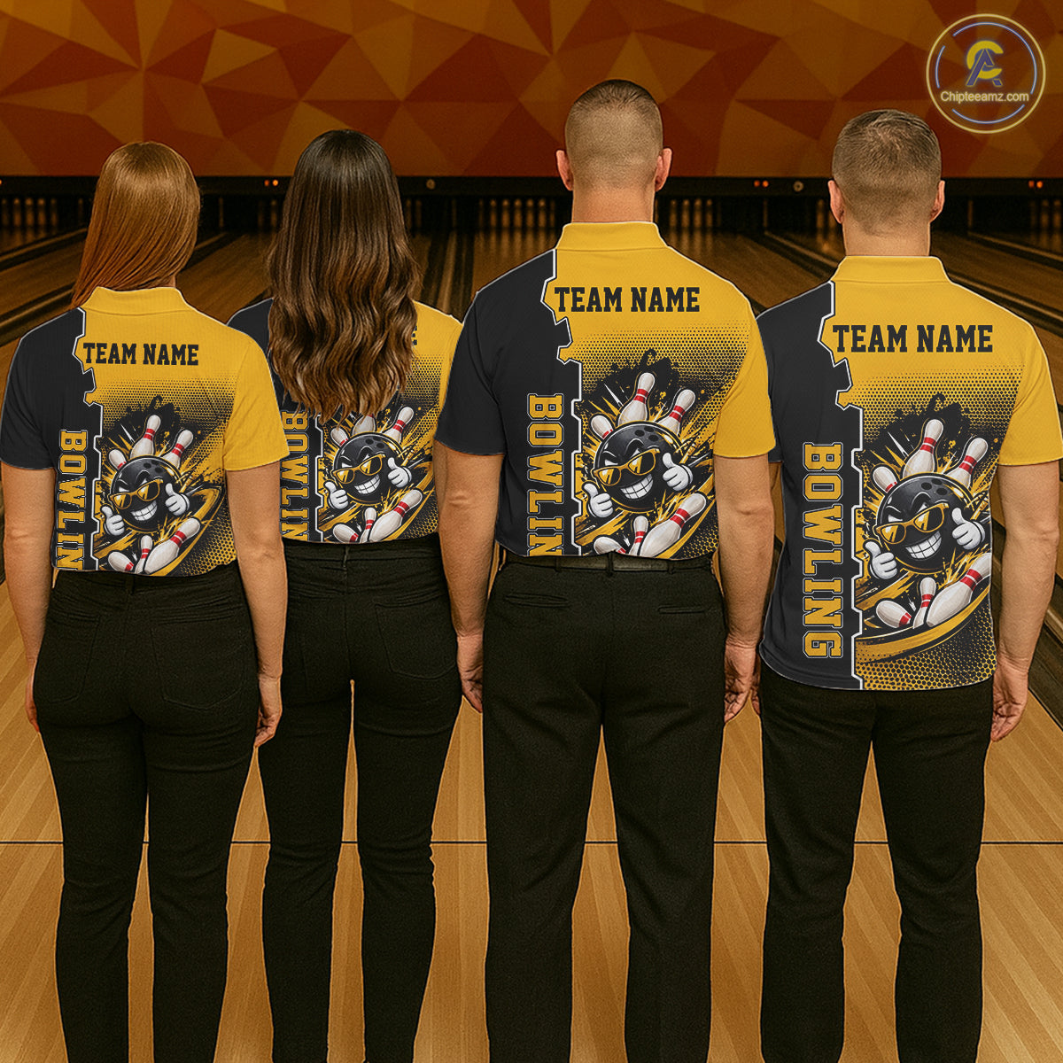 Custom Funny Yellow Bowling Men Polo Quarter Zip Shirt Cartoon Bowling Ball And Pins, Bowler Outfit NBT1202