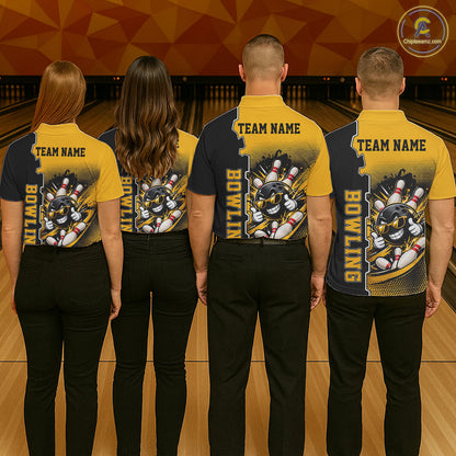 Custom Funny Yellow Bowling Men Polo Quarter Zip Shirt Cartoon Bowling Ball And Pins, Bowler Outfit NBT1202