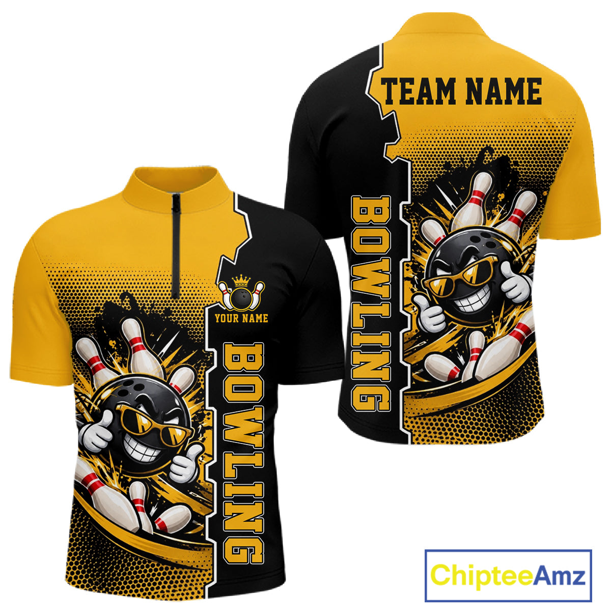 Custom Funny Yellow Bowling Men Polo Quarter Zip Shirt Cartoon Bowling Ball And Pins, Bowler Outfit NBT1202