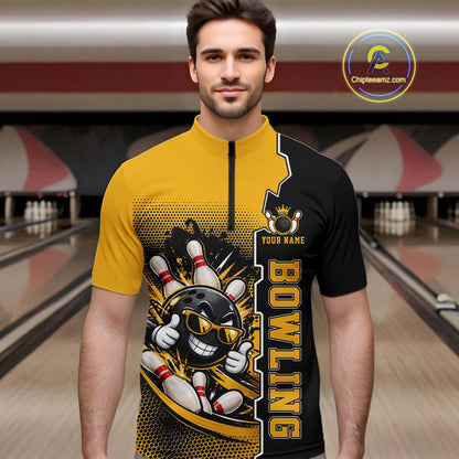 Custom Funny Yellow Bowling Men Polo Quarter Zip Shirt Cartoon Bowling Ball And Pins, Bowler Outfit NBT1202