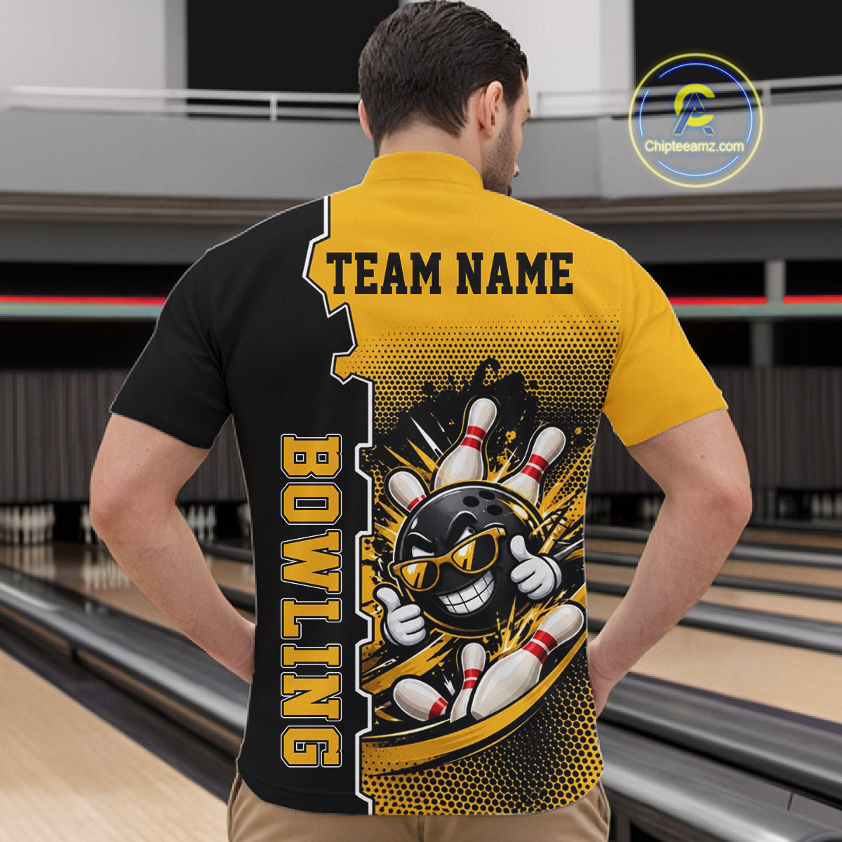 Custom Funny Yellow Bowling Men Polo Quarter Zip Shirt Cartoon Bowling Ball And Pins, Bowler Outfit NBT1202