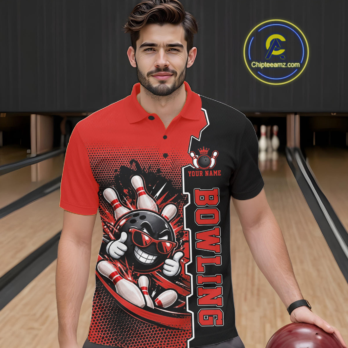 Custom Funny Red Bowling Men Polo Quarter Zip Shirt Cartoon Bowling Ball And Pins, Bowler Outfit NBT1203