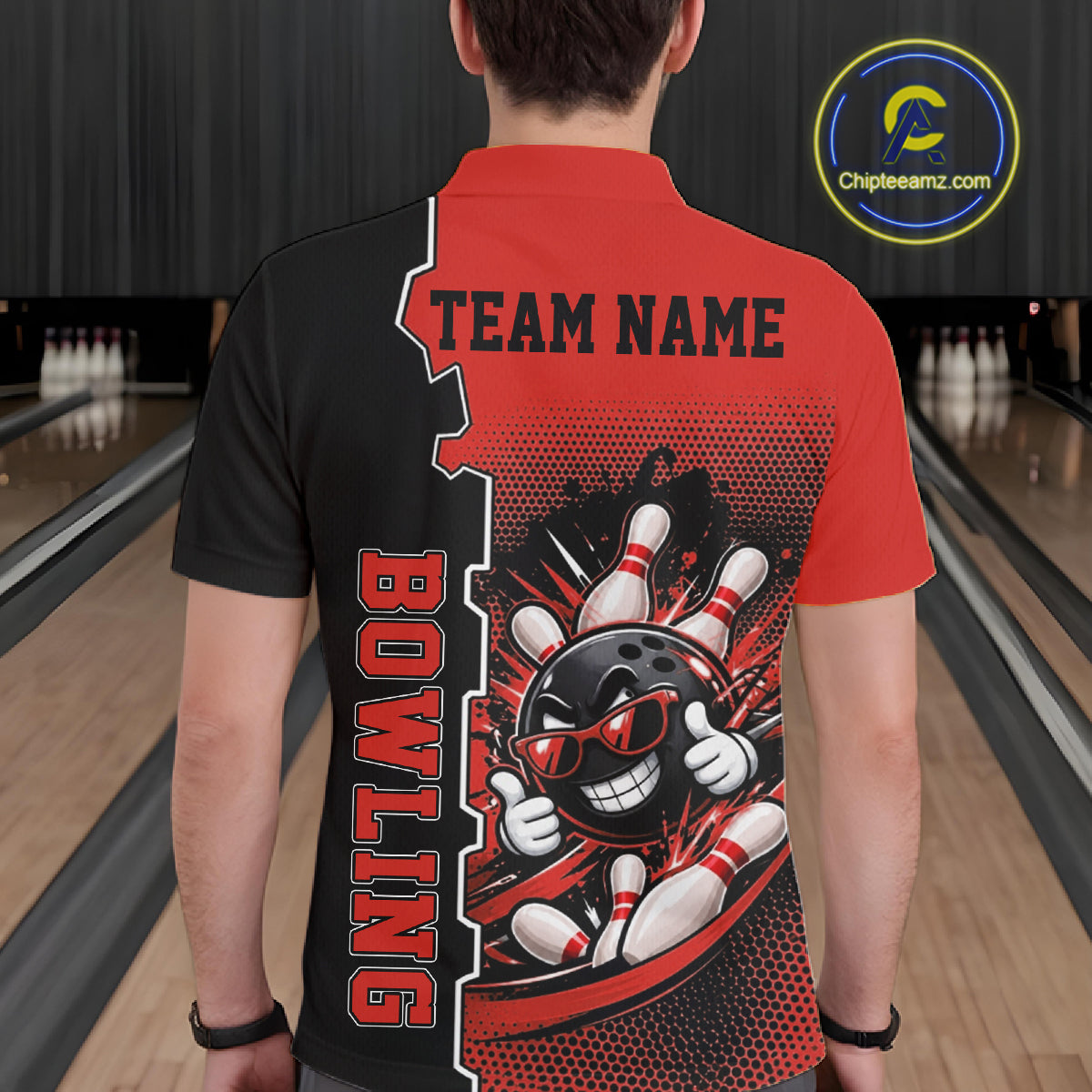 Custom Funny Red Bowling Men Polo Quarter Zip Shirt Cartoon Bowling Ball And Pins, Bowler Outfit NBT1203