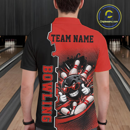 Custom Funny Red Bowling Men Polo Quarter Zip Shirt Cartoon Bowling Ball And Pins, Bowler Outfit NBT1203