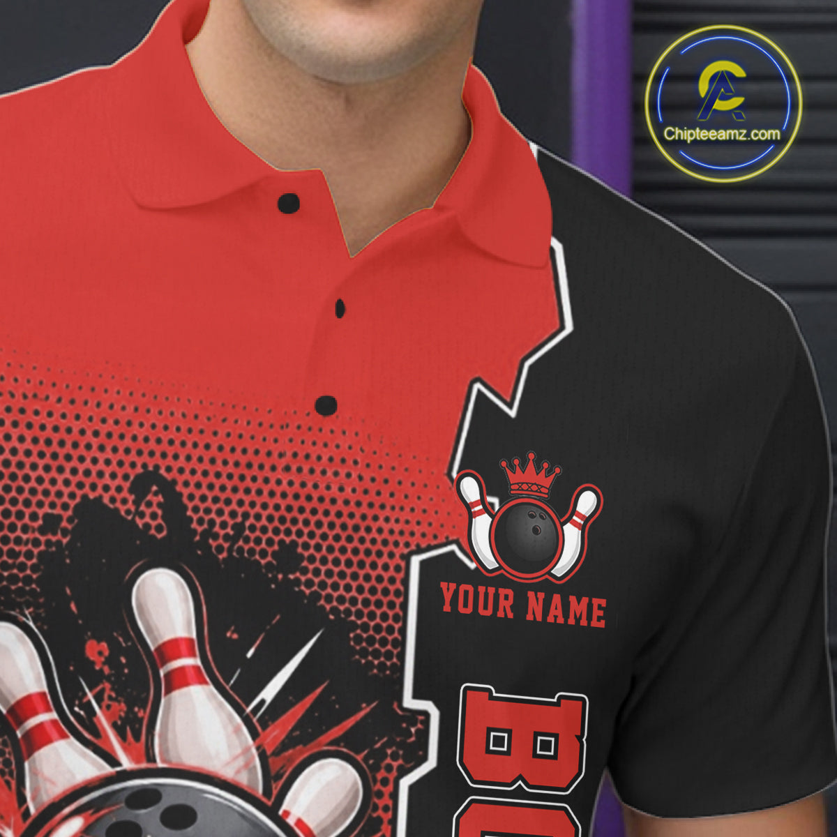 Custom Funny Red Bowling Men Polo Quarter Zip Shirt Cartoon Bowling Ball And Pins, Bowler Outfit NBT1203