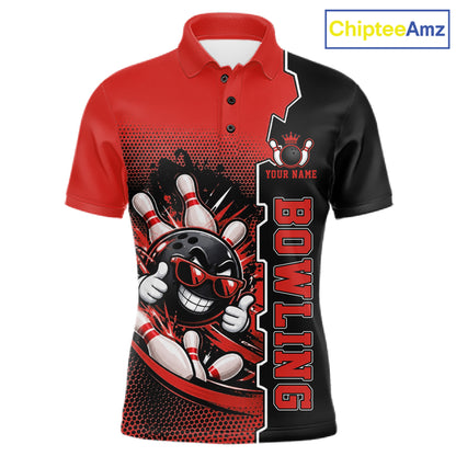 Custom Funny Red Bowling Men Polo Quarter Zip Shirt Cartoon Bowling Ball And Pins, Bowler Outfit NBT1203