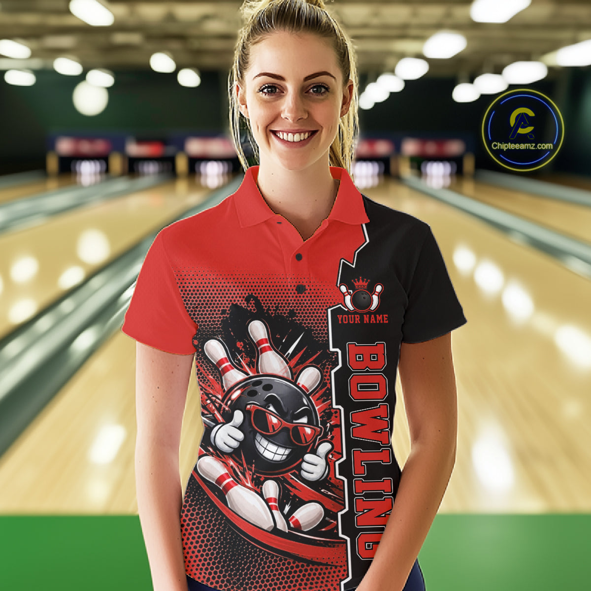 Custom Funny Yellow Bowling Women Polo Quarter Zip Shirt Cartoon Bowling Ball And Pins, Bowler Outfit NBT1202