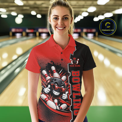 Custom Funny Yellow Bowling Women Polo Quarter Zip Shirt Cartoon Bowling Ball And Pins, Bowler Outfit NBT1202