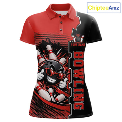 Custom Funny Yellow Bowling Women Polo Quarter Zip Shirt Cartoon Bowling Ball And Pins, Bowler Outfit NBT1202
