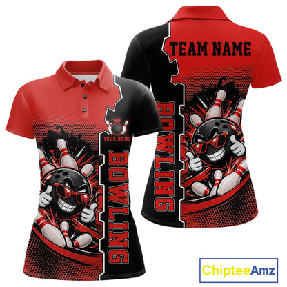Custom Funny Yellow Bowling Women Polo Quarter Zip Shirt Cartoon Bowling Ball And Pins, Bowler Outfit NBT1202