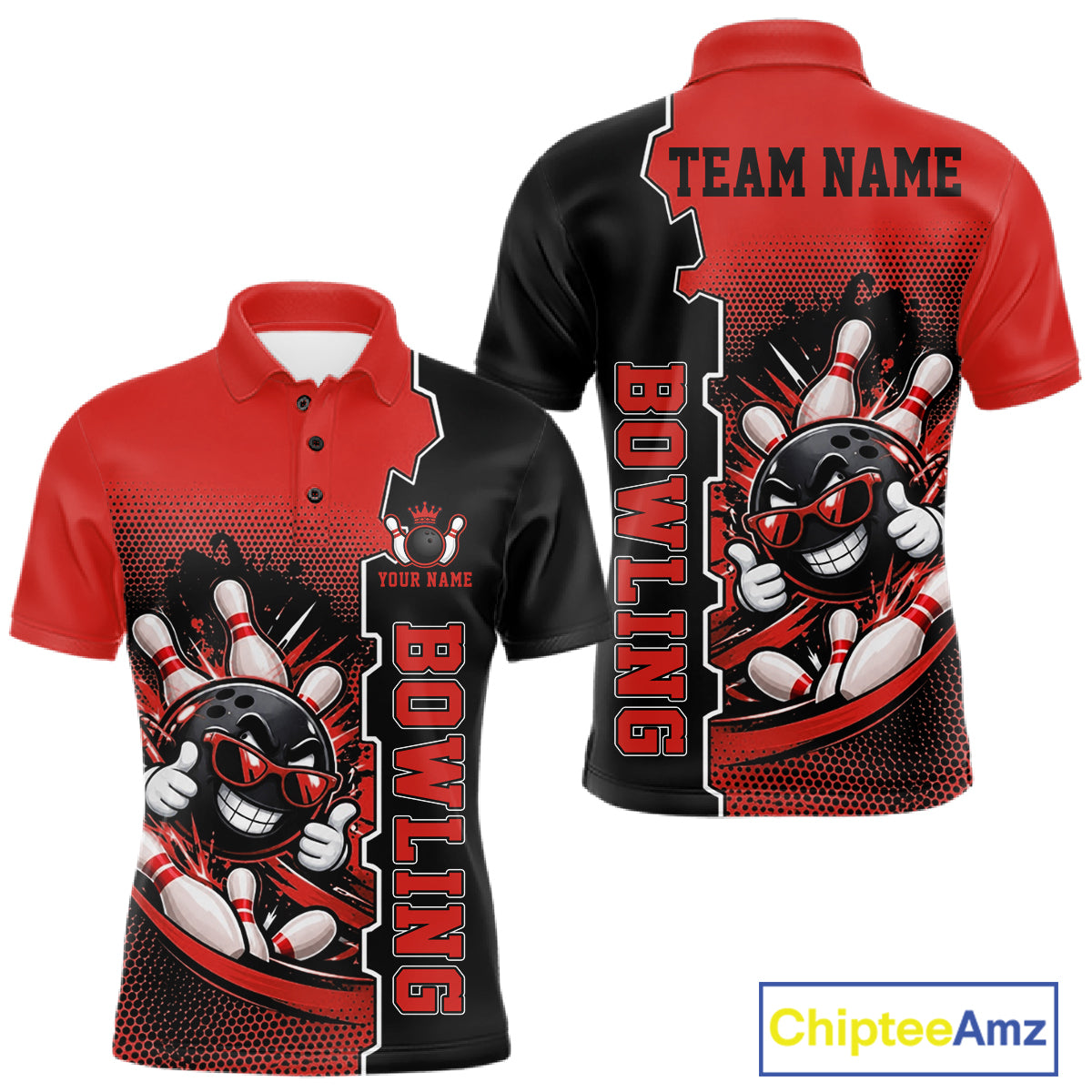 Custom Funny Red Bowling Men Polo Quarter Zip Shirt Cartoon Bowling Ball And Pins, Bowler Outfit NBT1203