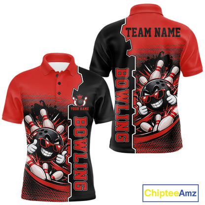 Custom Funny Red Bowling Men Polo Quarter Zip Shirt Cartoon Bowling Ball And Pins, Bowler Outfit NBT1203