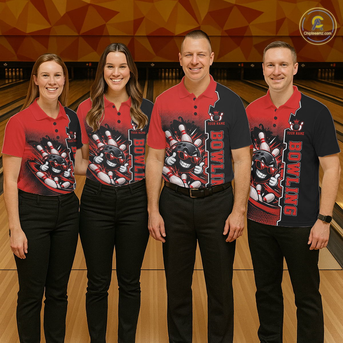 Custom Funny Red Bowling Men Polo Quarter Zip Shirt Cartoon Bowling Ball And Pins, Bowler Outfit NBT1203