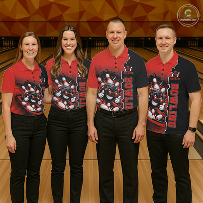 Custom Funny Red Bowling Men Polo Quarter Zip Shirt Cartoon Bowling Ball And Pins, Bowler Outfit NBT1203