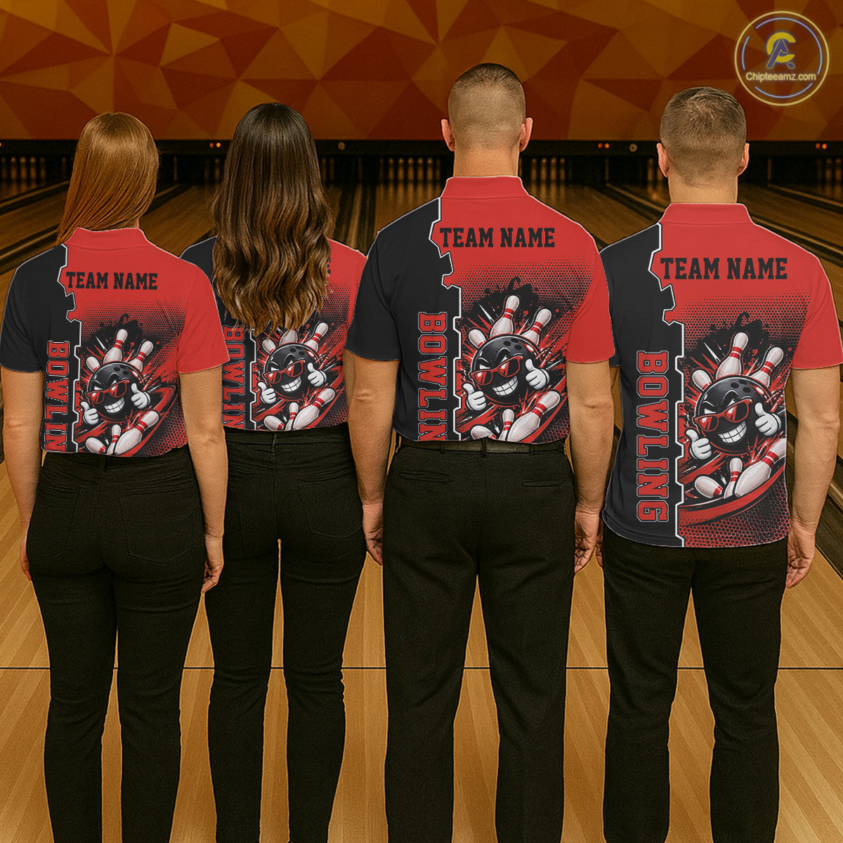 Custom Funny Red Bowling Men Polo Quarter Zip Shirt Cartoon Bowling Ball And Pins, Bowler Outfit NBT1203