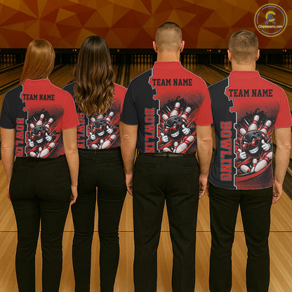 Custom Funny Red Bowling Men Polo Quarter Zip Shirt Cartoon Bowling Ball And Pins, Bowler Outfit NBT1203