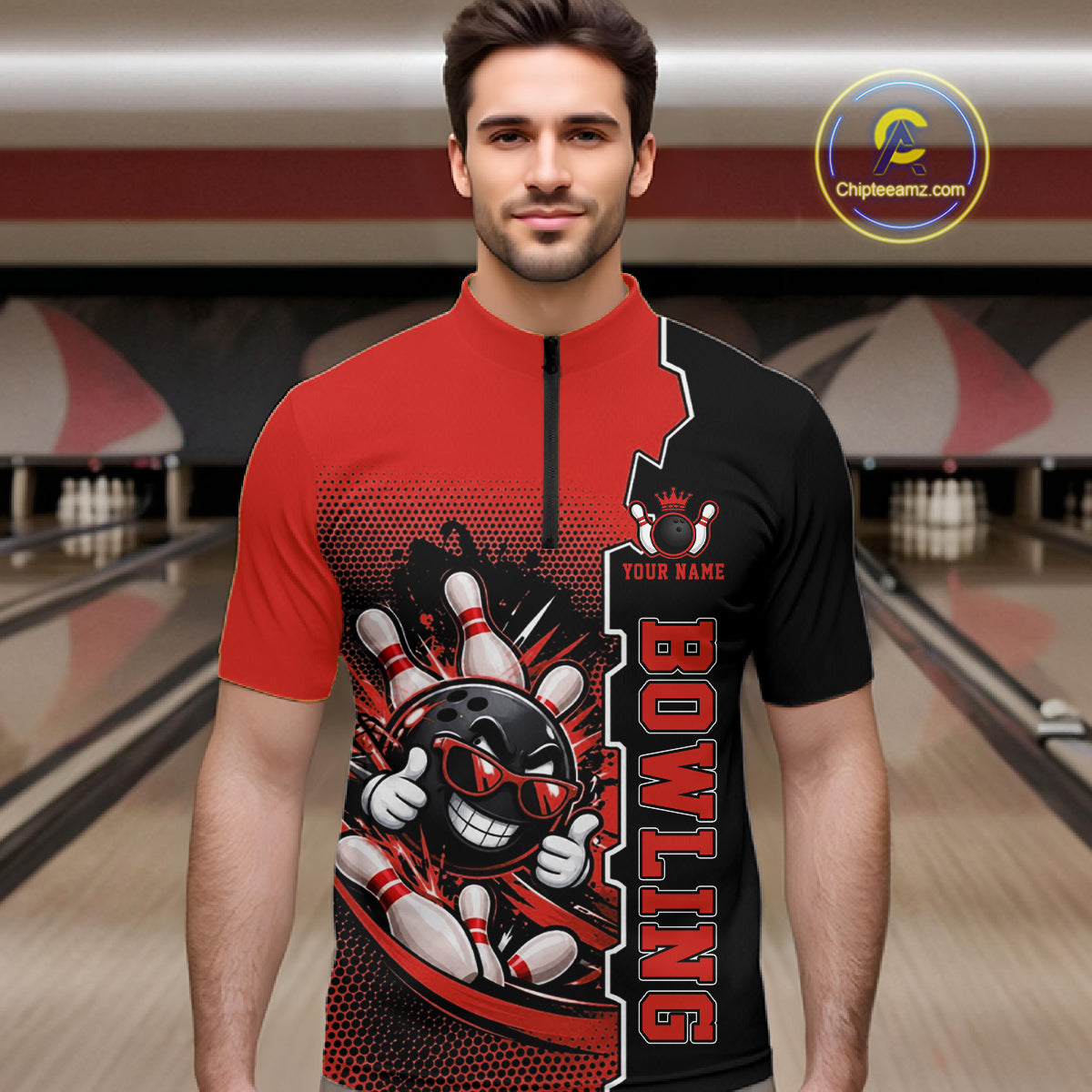 Custom Funny Red Bowling Men Polo Quarter Zip Shirt Cartoon Bowling Ball And Pins, Bowler Outfit NBT1203