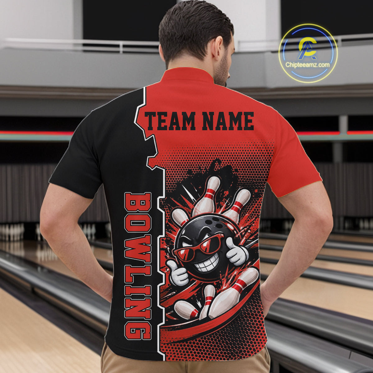Custom Funny Red Bowling Men Polo Quarter Zip Shirt Cartoon Bowling Ball And Pins, Bowler Outfit NBT1203