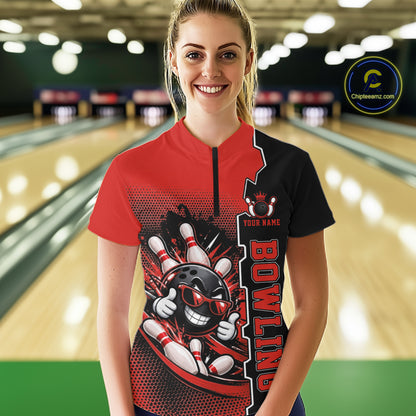Custom Funny Yellow Bowling Women Polo Quarter Zip Shirt Cartoon Bowling Ball And Pins, Bowler Outfit NBT1202