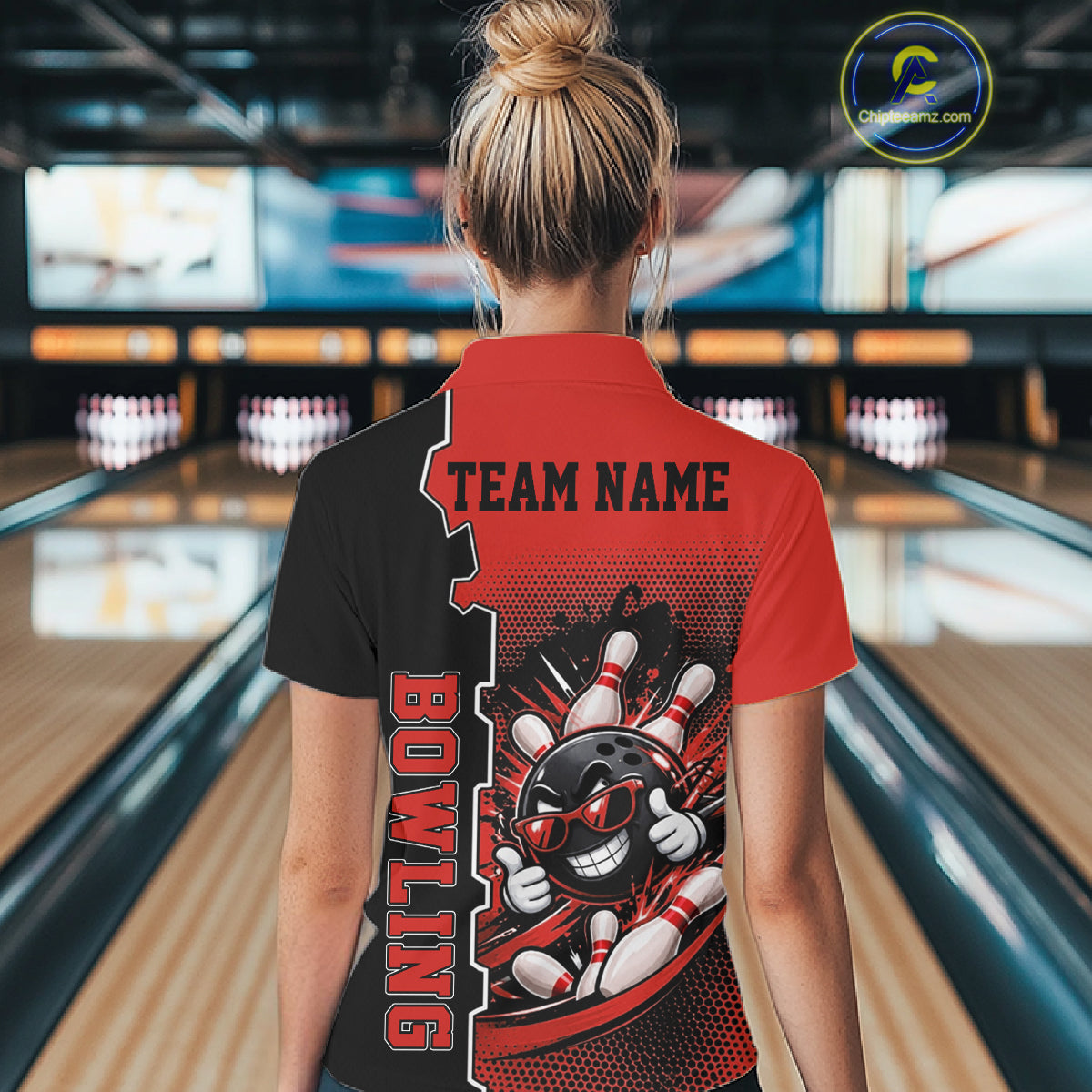 Custom Funny Yellow Bowling Women Polo Quarter Zip Shirt Cartoon Bowling Ball And Pins, Bowler Outfit NBT1202
