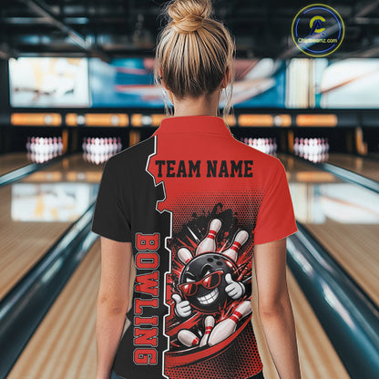 Custom Funny Yellow Bowling Women Polo Quarter Zip Shirt Cartoon Bowling Ball And Pins, Bowler Outfit NBT1202