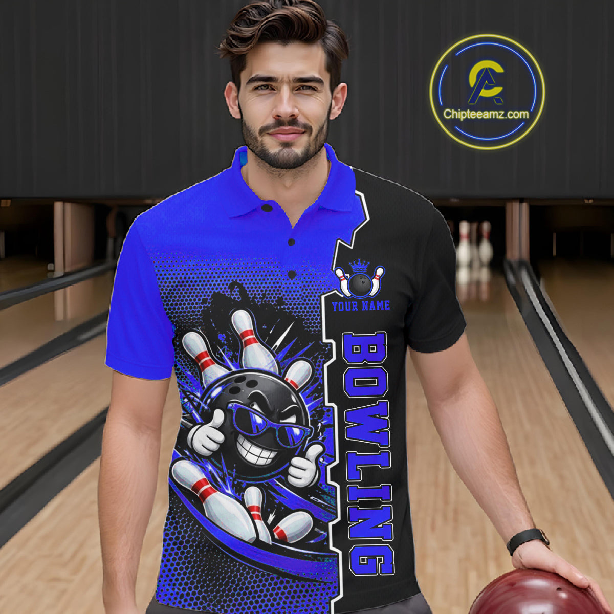Custom Funny Blue Bowling Men Polo Quarter Zip Shirt Cartoon Bowling Ball And Pins, Bowler Outfit NBT1204