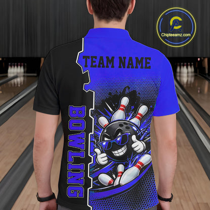 Custom Funny Blue Bowling Men Polo Quarter Zip Shirt Cartoon Bowling Ball And Pins, Bowler Outfit NBT1204