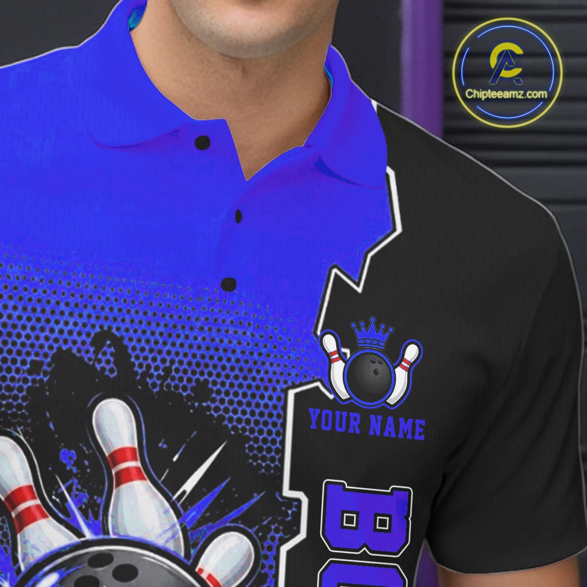 Custom Funny Blue Bowling Men Polo Quarter Zip Shirt Cartoon Bowling Ball And Pins, Bowler Outfit NBT1204