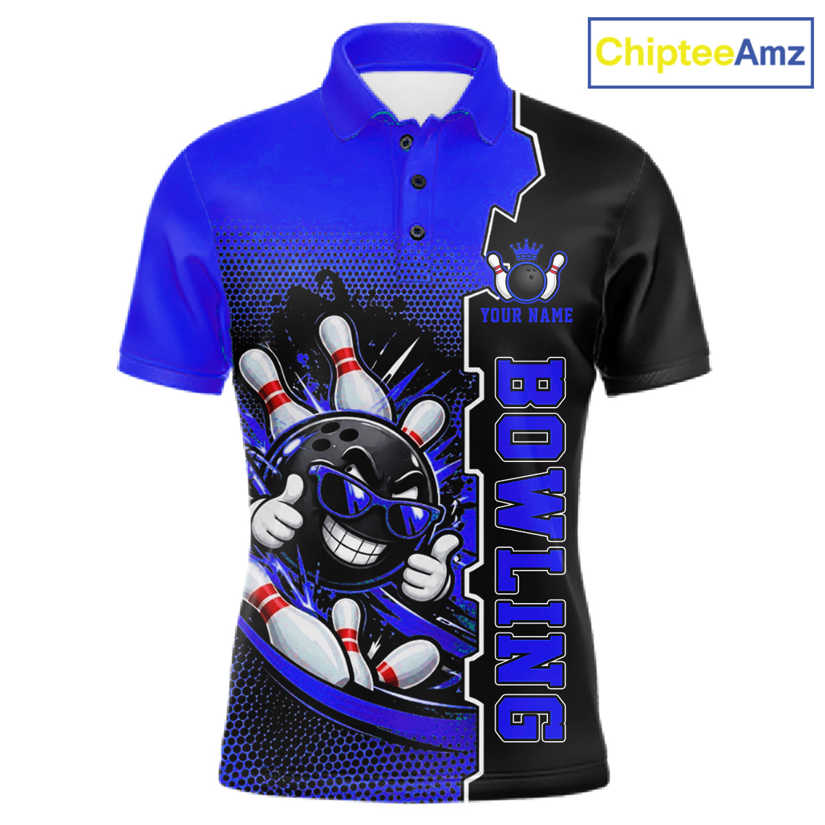 Custom Funny Blue Bowling Men Polo Quarter Zip Shirt Cartoon Bowling Ball And Pins, Bowler Outfit NBT1204