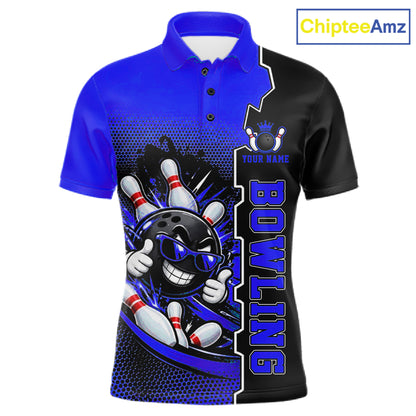 Custom Funny Blue Bowling Men Polo Quarter Zip Shirt Cartoon Bowling Ball And Pins, Bowler Outfit NBT1204