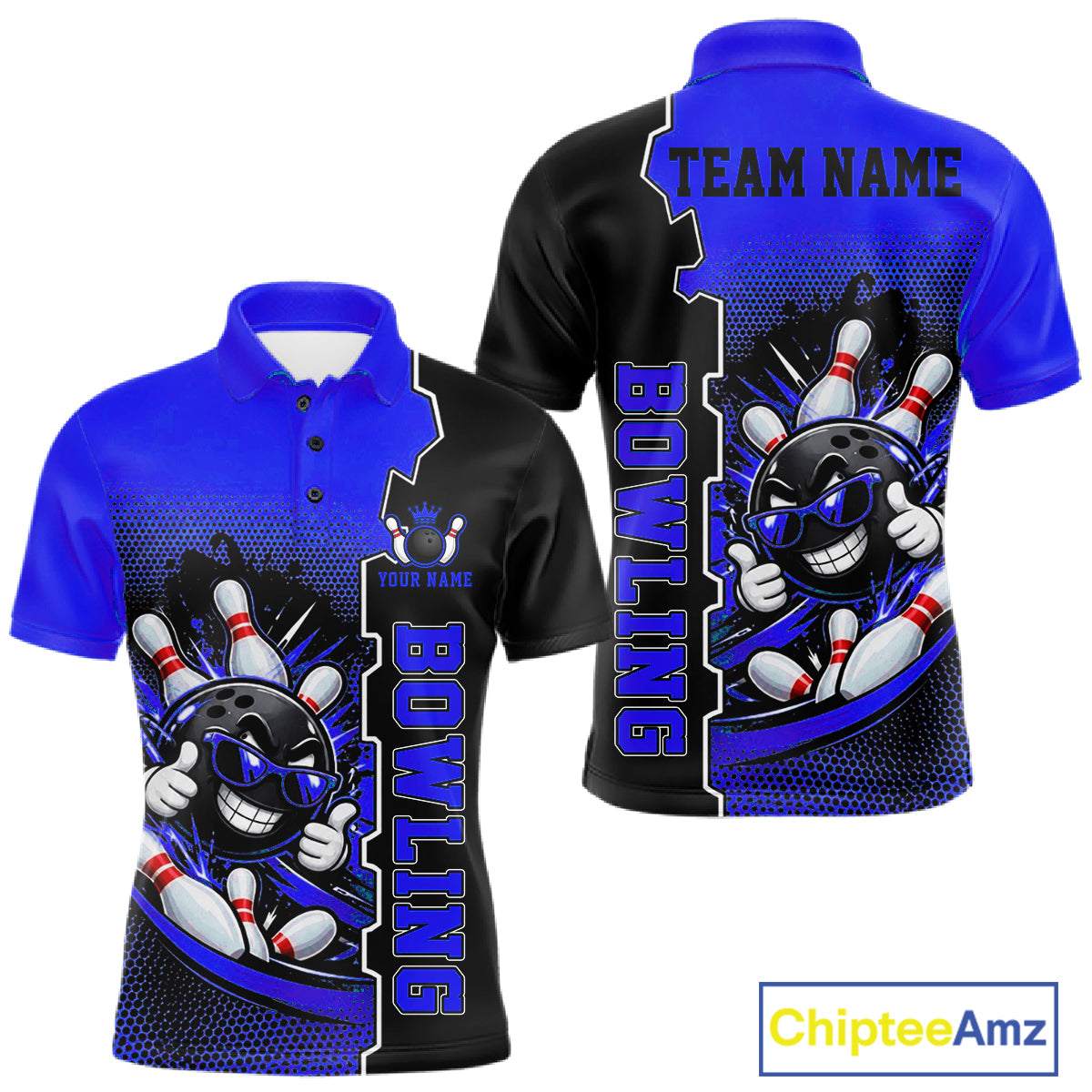 Custom Funny Blue Bowling Men Polo Quarter Zip Shirt Cartoon Bowling Ball And Pins, Bowler Outfit NBT1204